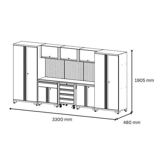 Система меблів для майстерні RETTER RTX-8000 | Модульна система 330 × 190 × 48 cm з LED-підсвіткою | 16 елементів | 265 kg