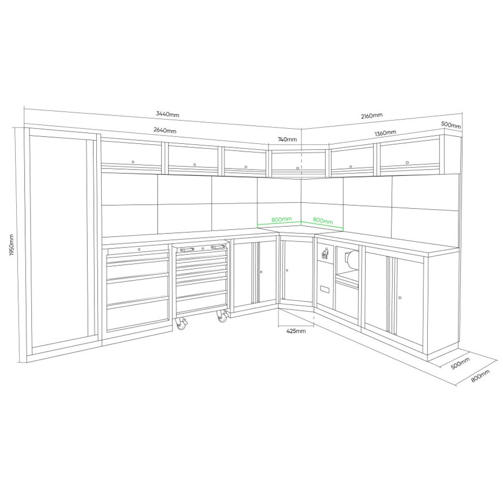 Rysunek techniczny stołu warsztatowego JBM SERIE565 – pełne wymiary modułów i układu szafek ułatwiające planowanie przestrzeni roboczej