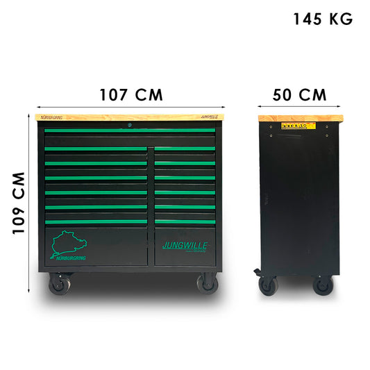 Wymiary wózka warsztatowego Jungwille Nürburgring: wysokość 109 cm, szerokość 107 cm, głębokość 50 cm, waga 145 kg