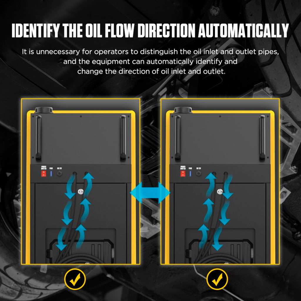 Automatyczne rozpoznawanie kierunku przepływu oleju w ATF705 AUTOOL – sprzęt sam identyfikuje przewody wlotowe i wylotowe, ułatwiając podłączenie