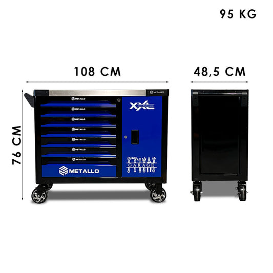 Wymiary wózka warsztatowego Metallo XXL: wysokość 76 cm, szerokość 108 cm, głębokość 48,5 cm, waga 95 kg