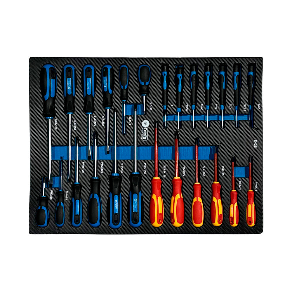Wózek warsztatowy FTools 7/7 PRO – komplet wkrętaków płaskich, krzyżowych, precyzyjnych i izolowanych
