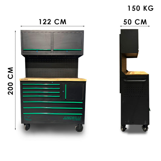 Wózek warsztatowy Jungwille Hockenheim 10/6 – wymiary 200x122x50 cm, waga 150 kg, profesjonalny szafka narzędziowa z nadstawką
