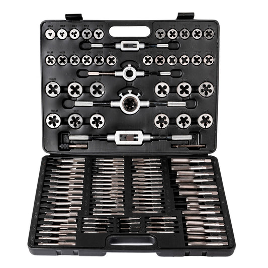 Zestaw 110 gwintowników i narzynek metrycznych M2–M18 w czarnej walizce, z uchwytami i akcesoriami do precyzyjnego gwintowania wewnętrznego i zewnętrznego.