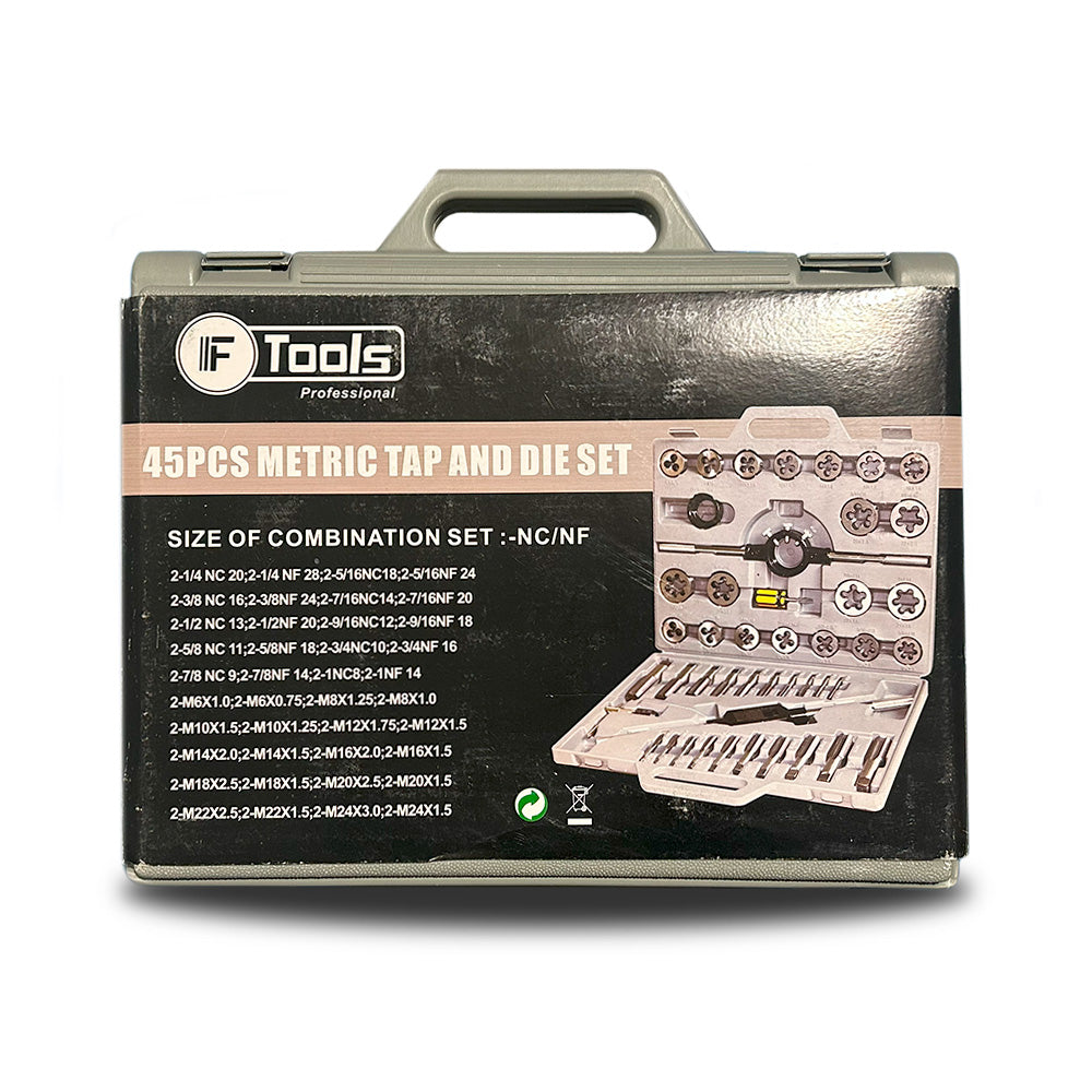 Zestaw gwintowników i narzynek 45 sztuk FTools w walizce, opis rozmiarów na opakowaniu