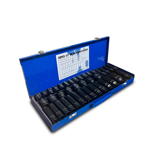 Profesjonalny zestaw nasadek udarowych 1/2 cala, 38 sztuk w stalowej walizce, krótkie i długie nasadki do kluczy pneumatycznych i elektrycznych