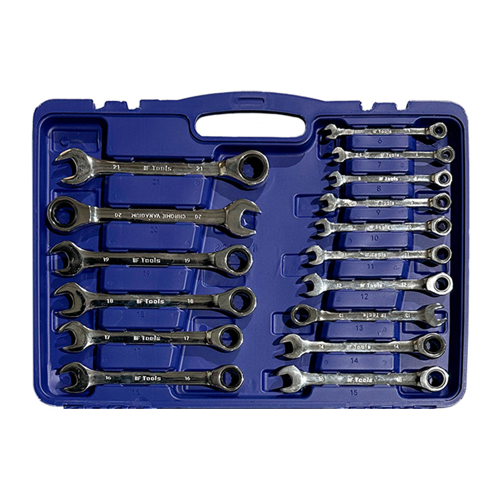 Zestaw kluczy płasko-oczkowych z grzechotką, 22 elementy