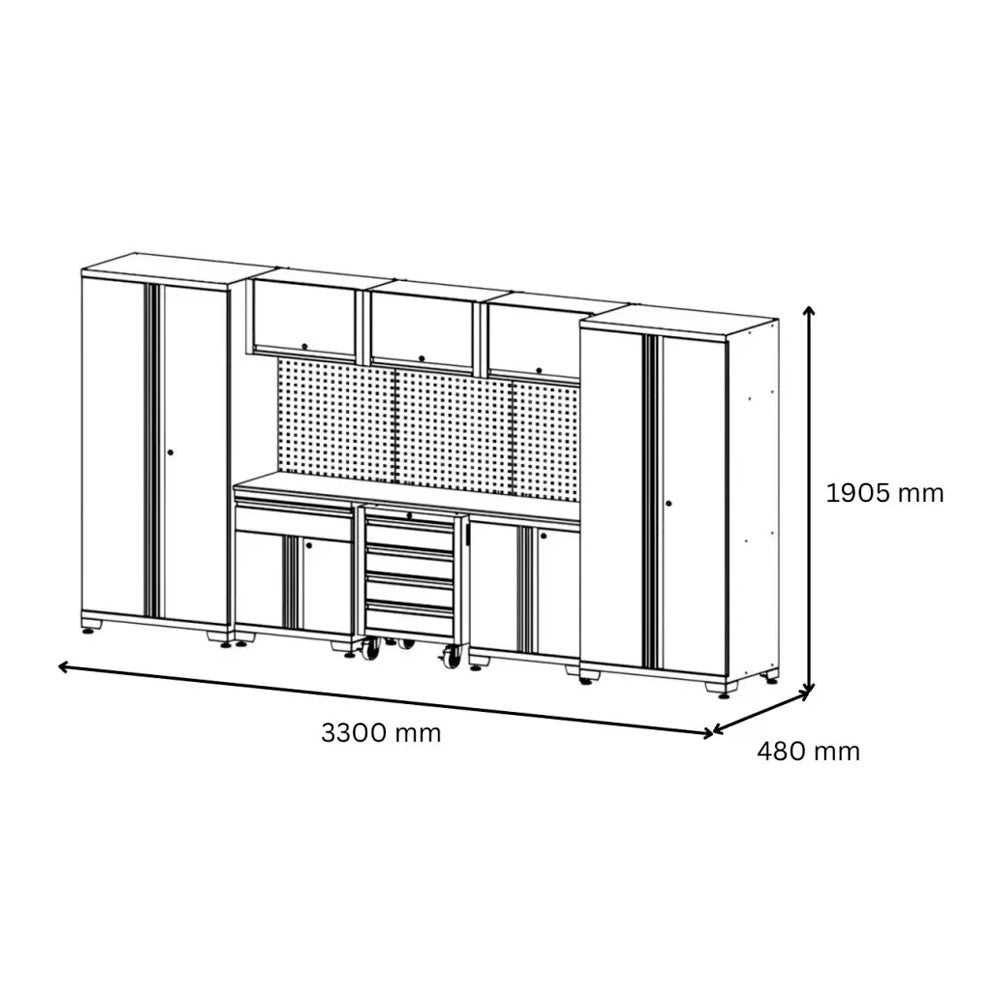 System mebli warsztatowych RETTER RTX-8000 | Zabudowa 330x190x48 cm z oświetleniem LED | 16 elementów | 265 kg
