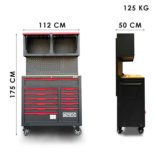 Wymiary wózka warsztatowego APEX z nadstawką – 175 cm wysokości, 112 cm szerokości, 50 cm głębokości, waga 125 kg