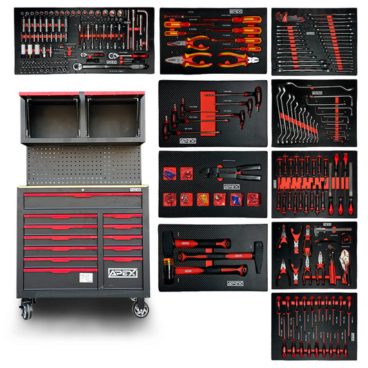 Wózek warsztatowy APEX z nadstawką i pełnym zestawem narzędzi w modułach EVA – klucze, nasadki, śrubokręty, młotki, szczypce, pilniki, narzędzia izolowane VDE
