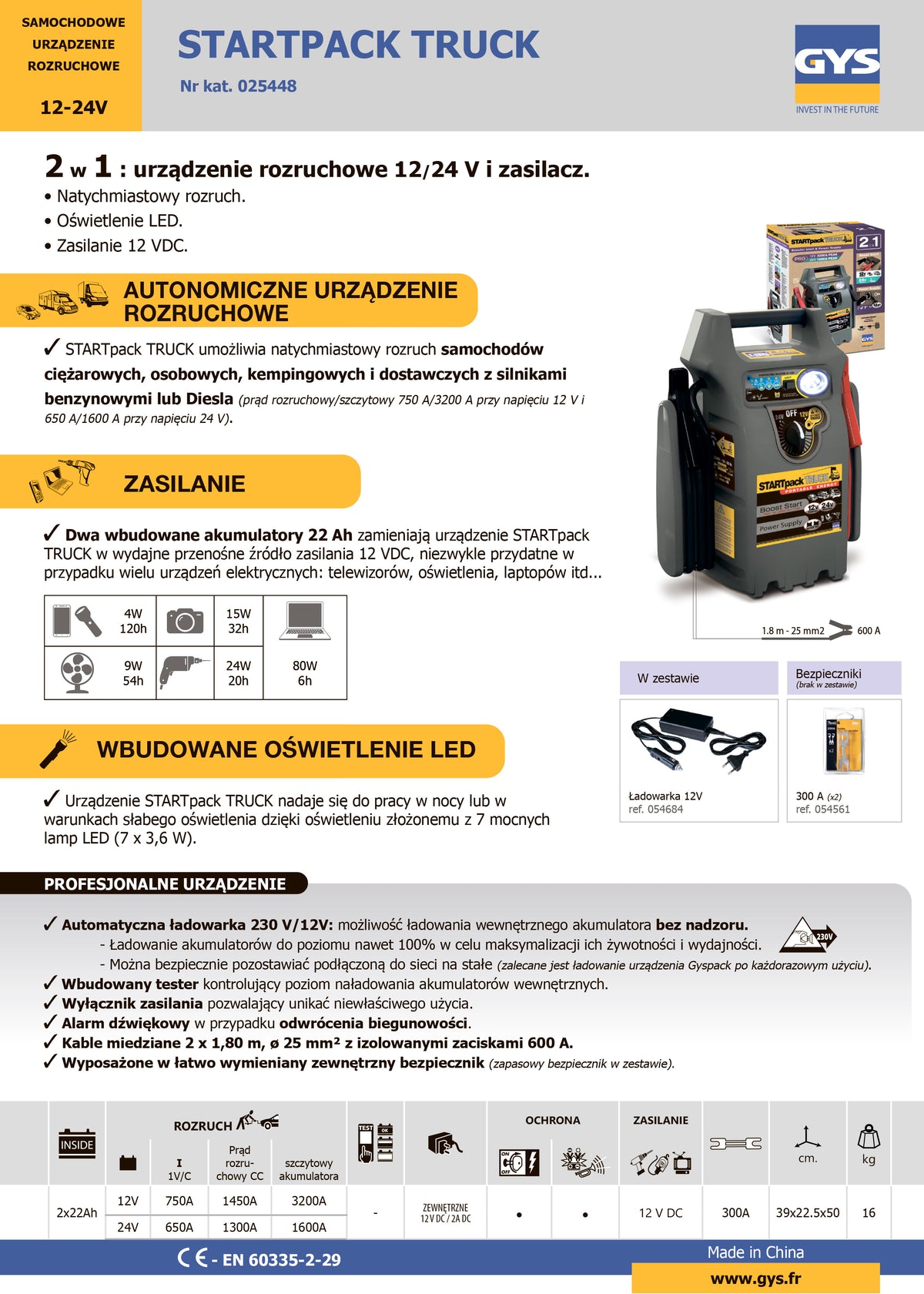 Urządzenie Booster rozruchowy GYS STARTPACK Truck 2w1, 12/24V – szczegółowy widok elementów zestawu i wyposażenia