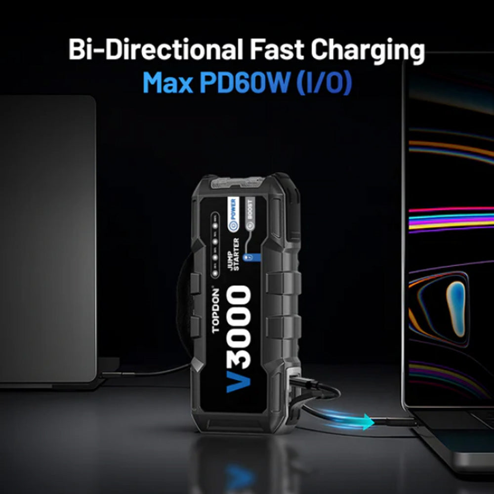 Booster TOPDON V3000 ładujący laptop z funkcją szybkiego ładowania PD60W.