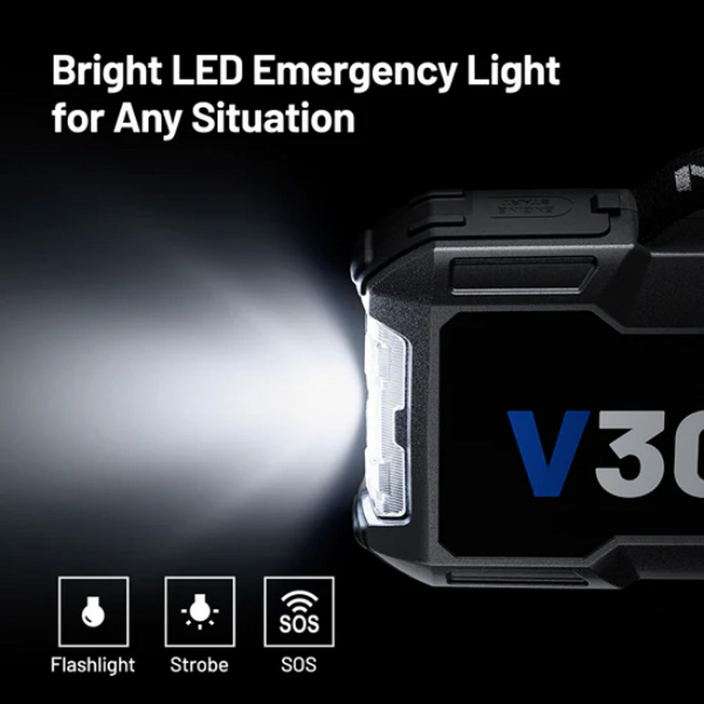 Włączona latarka LED booster TOPDON V3000 z trybami świecenia.