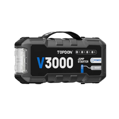 Booster Topdon V3000 z wskaźnikiem naładowania i przyciskami.