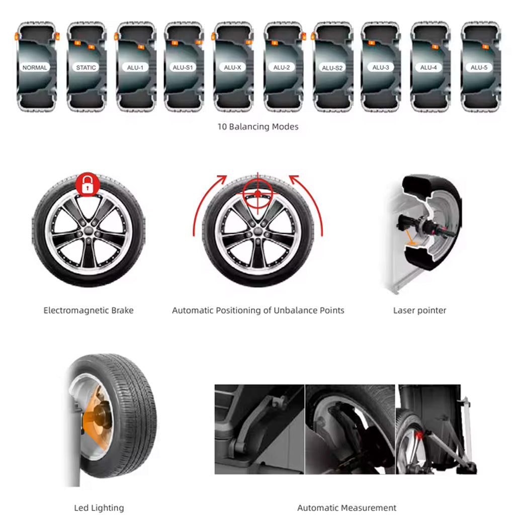 Funkcje wyważarki ATLANTIC TECHNIK ATB-500 – 10 trybów balansowania, hamulec elektromagnetyczny, laserowy wskaźnik, oświetlenie LED i automatyczny pomiar