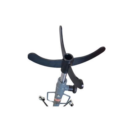 Regulowana głowica stojaka do skrzyni biegów, z czteroramienną podporą umożliwiającą stabilne podtrzymanie podzespołów podczas prac serwisowych pojazdu.