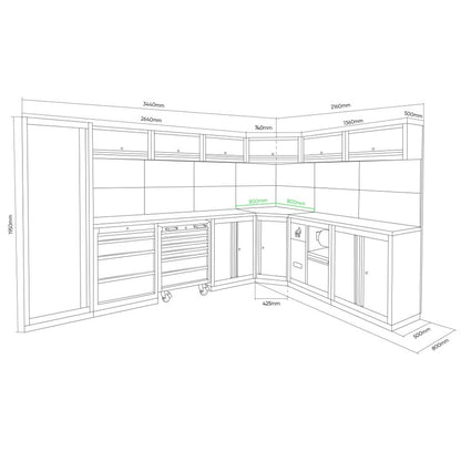 Rysunek techniczny stołu warsztatowego JBM SERIE565 – pełne wymiary modułów i układu szafek ułatwiające planowanie przestrzeni roboczej