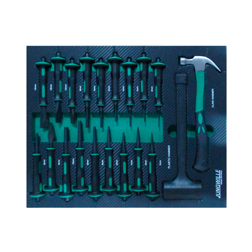 Zestaw młotków i dłut Jungwille z zielono-czarnymi uchwytami na płytce narzędziowej
