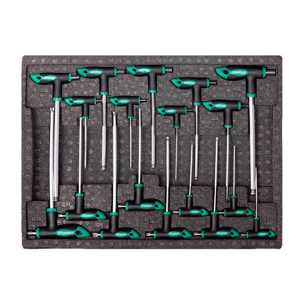 Zestaw kluczy typu T Jungwille z zielono-czarnymi uchwytami w piankowej tace na narzędzia