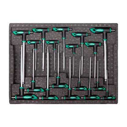 Zestaw kluczy typu T Jungwille z zielono-czarnymi uchwytami w piankowej tace na narzędzia