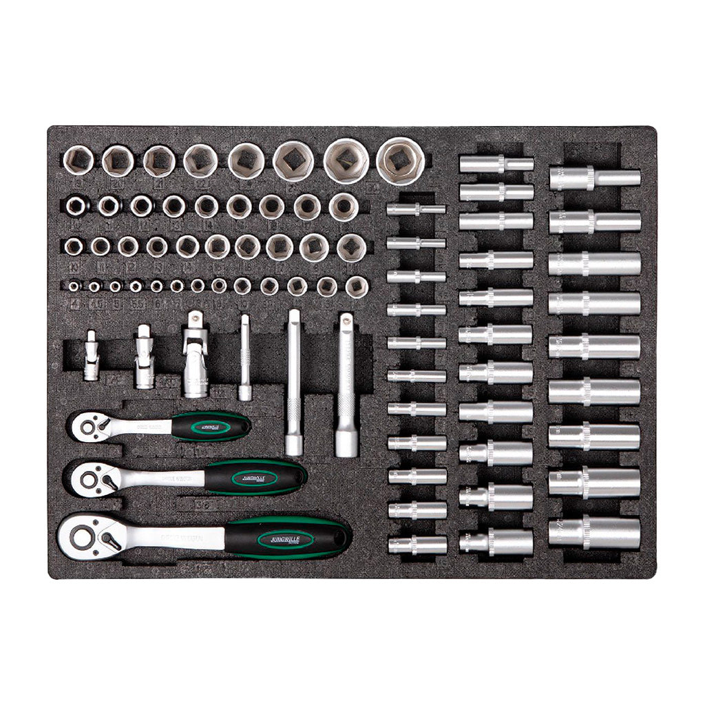 Zestaw narzędzi Jungwille: nasadki, grzechotki i przedłużki w organizerze z pianki