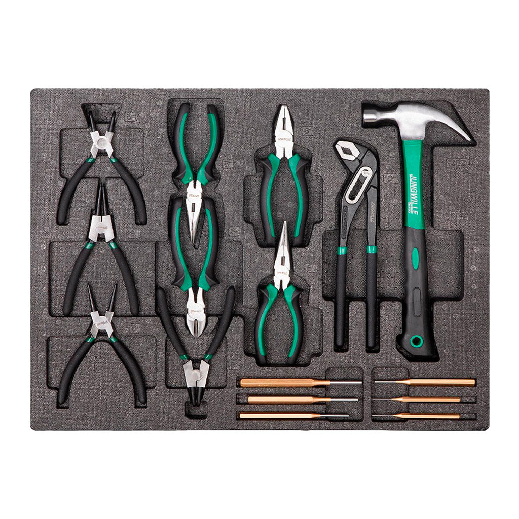 Zestaw narzędzi Jungwille z kombinerkami, młotkiem i wybijakami w piankowym organizerze