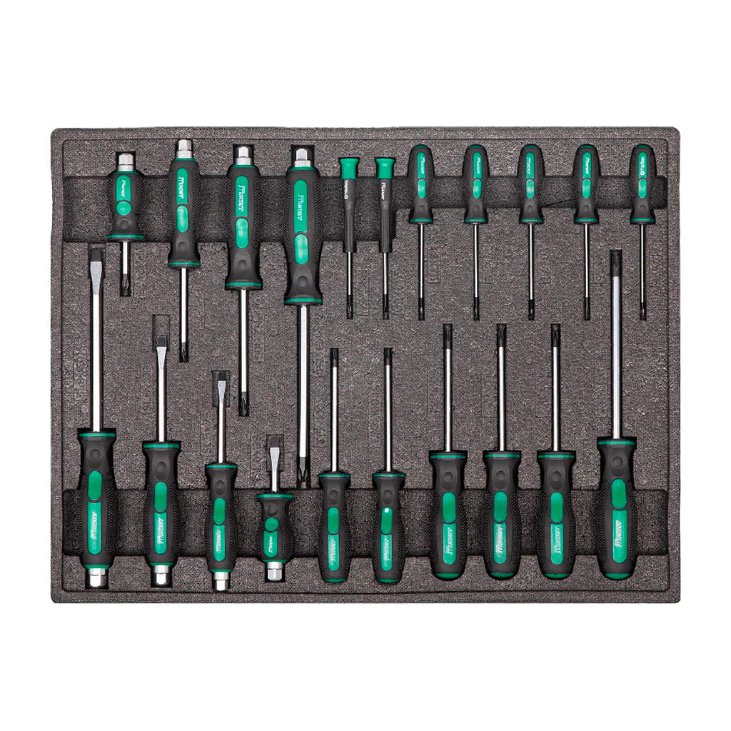 Zestaw precyzyjnych śrubokrętów mechanicznych w organizerze z pianki, różne rozmiary i końcówki