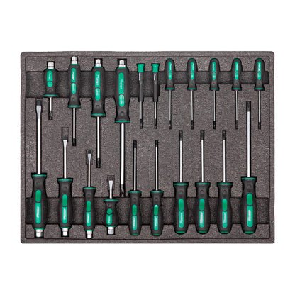 Zestaw precyzyjnych śrubokrętów mechanicznych w organizerze z pianki, różne rozmiary i końcówki
