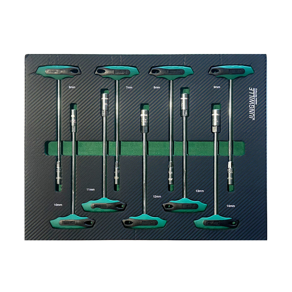 Zestaw kluczy typu T z nasadkami w rozmiarach 8mm, 10mm, 15mm, 17mm, 18mm na podkładce Jungwille JD-AGRI