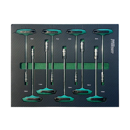 Zestaw kluczy typu T z nasadkami w rozmiarach 8mm, 10mm, 15mm, 17mm, 18mm na podkładce Jungwille JD-AGRI