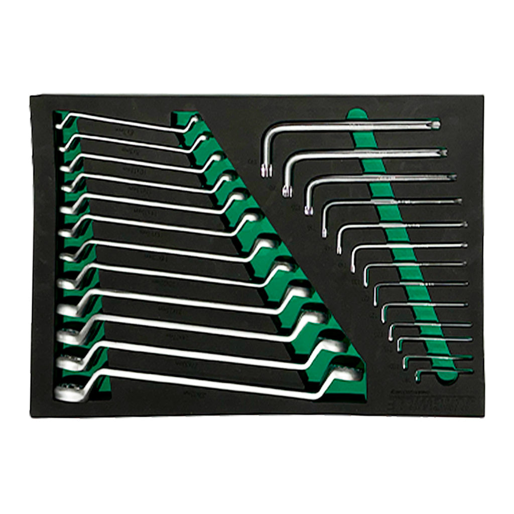 Zestaw kluczy oczkowych i imbusowych w czarno-zielonym wkładzie narzędziowym