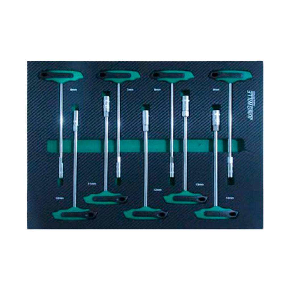 Zestaw kluczy typu T z nasadkami w rozmiarach 8mm, 10mm, 15mm, 17mm, 18mm na podkładce Jungwille