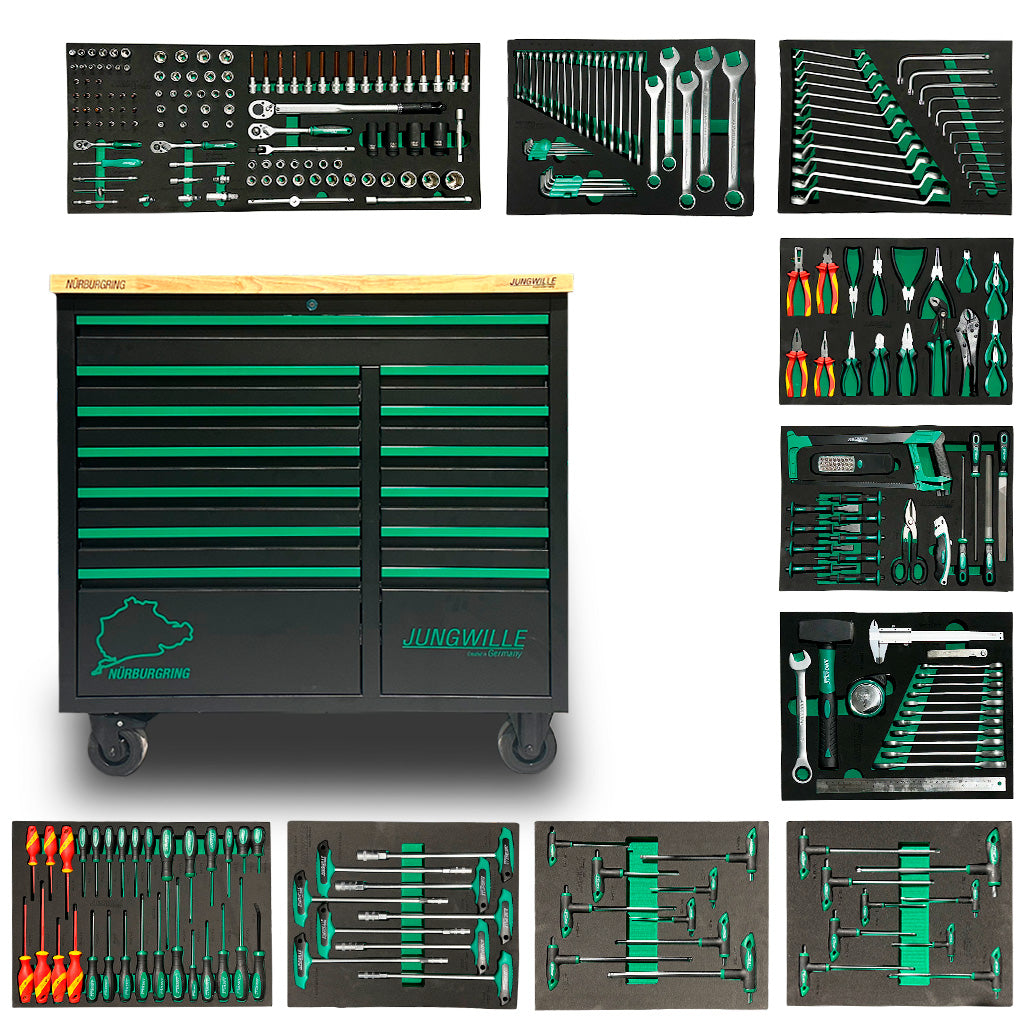 Mobilna szafka warsztatowa Nurburgring Jungwille z zestawem narzędzi ręcznych i kluczy