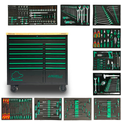 Mobilna szafka warsztatowa Nurburgring Jungwille z zestawem narzędzi ręcznych i kluczy