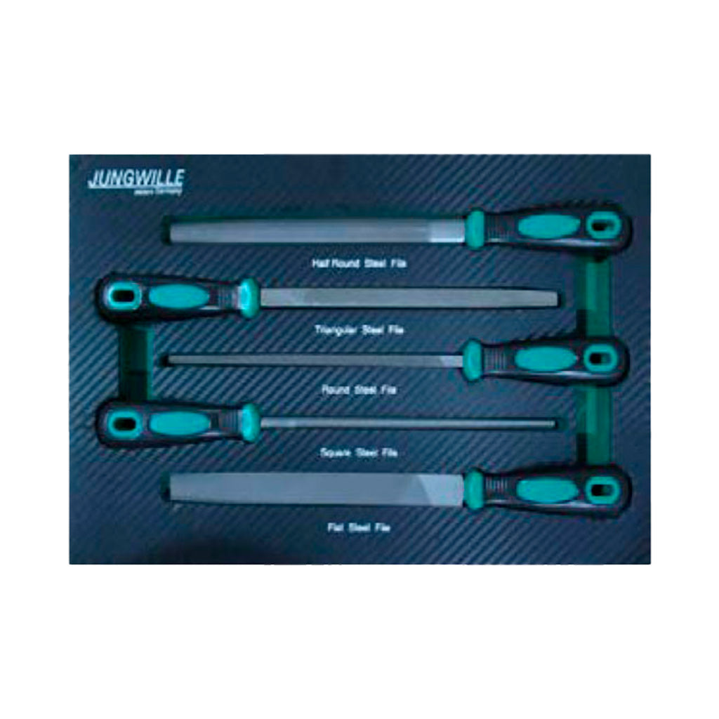 Zestaw stalowych pilników Jungwille z uchwytami, różne kształty i rozmiary włożone w piankę EVA