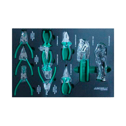 Komplet szczypiec uniwersalnych Jungwille z zielonymi antypoślizgowymi uchwytami na czarnym tle