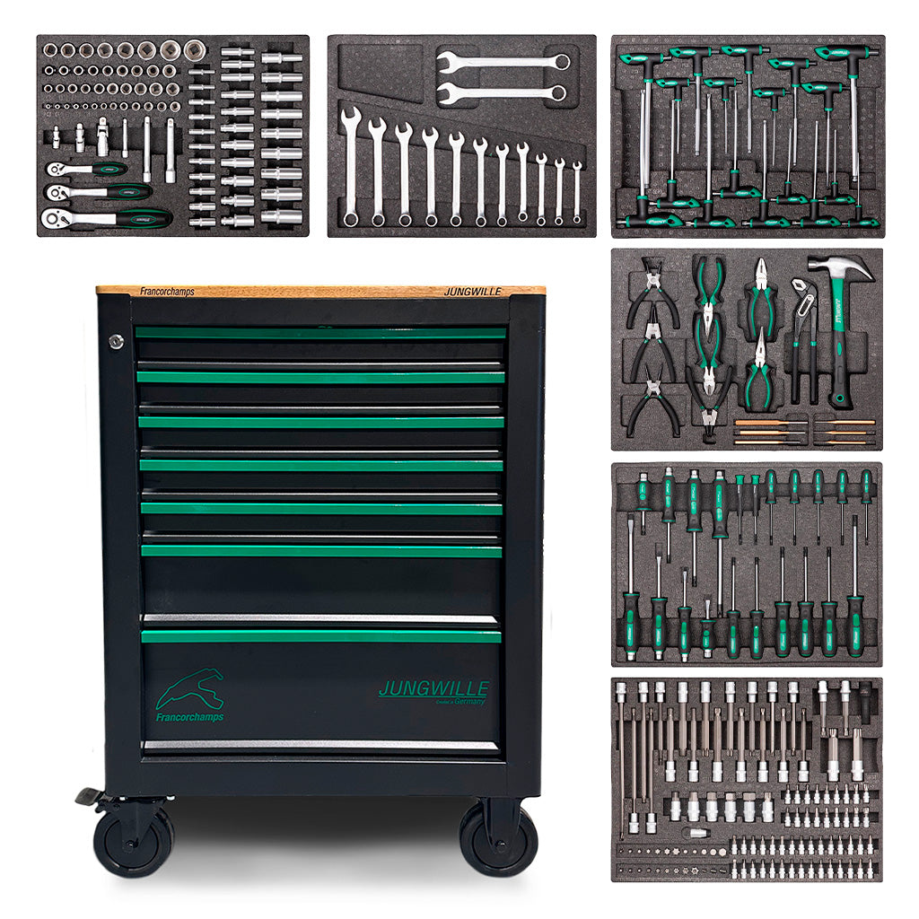 Czarna szafka warsztatowa Jungwille Francorchamps z 7 szufladami i zestaw narzędzi 251 elementów