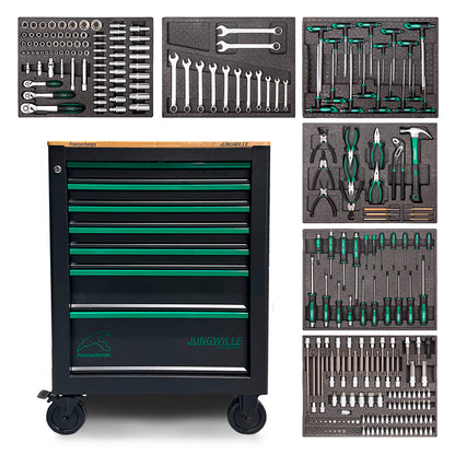 Czarna szafka warsztatowa Jungwille Francorchamps z 7 szufladami i zestaw narzędzi 251 elementów