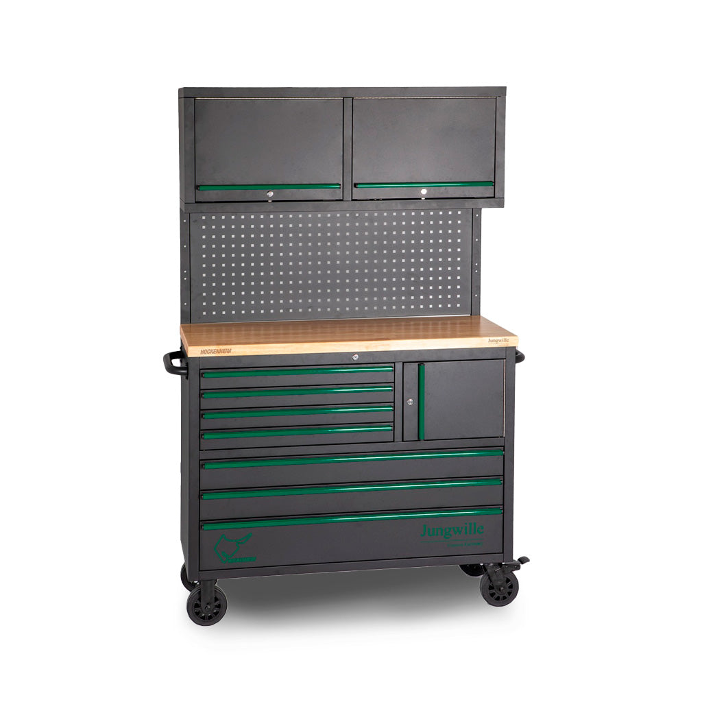 Metalowa mobilna szafka warsztatowa Jungwille z nadstawką, szufladami i blatem drewnianym