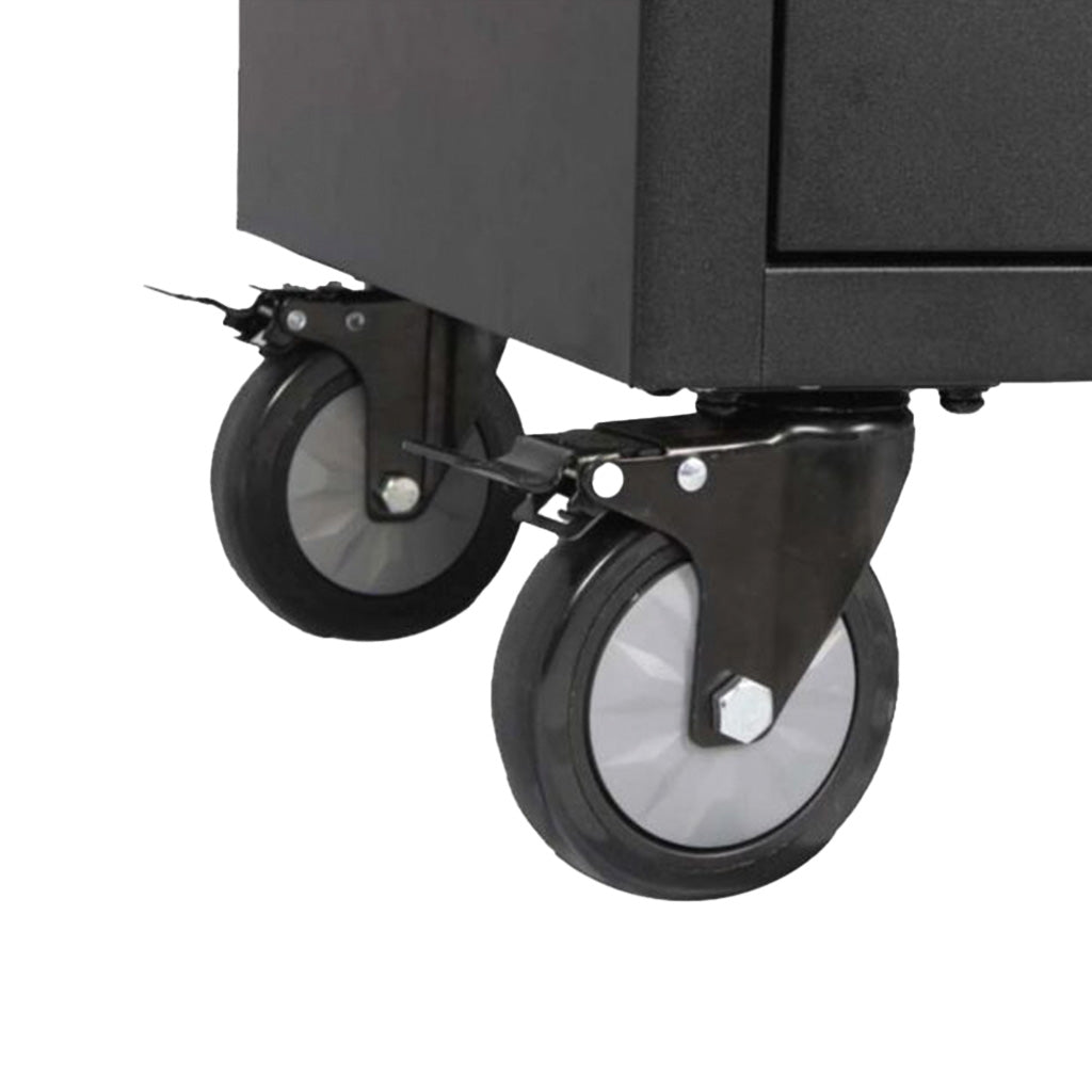 Kółka jezdne z hamulcem przyczepione do czarnej mobilnej skrzynki warsztatowej