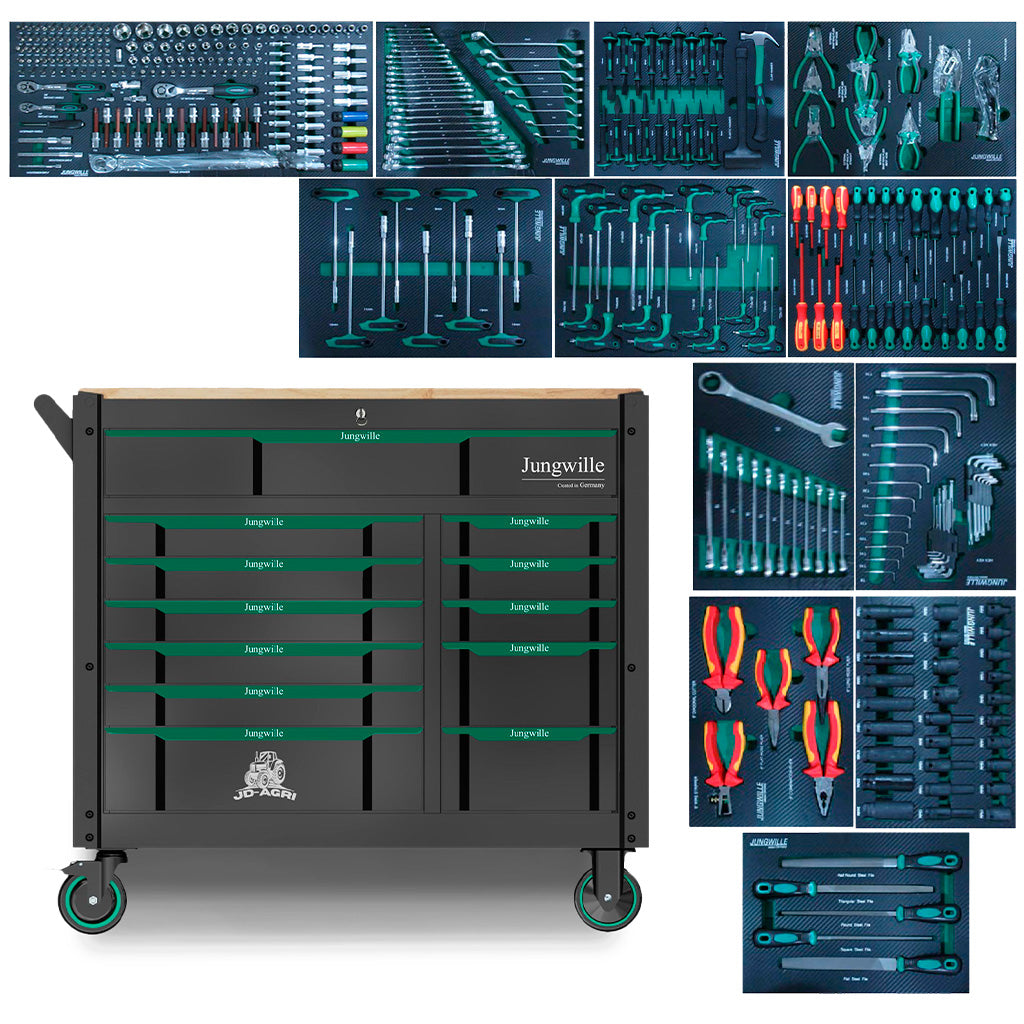 Wózek warsztatowy Jungwille z 365 elementami narzędzi ręcznych, klucze, śrubokręty, szczypce