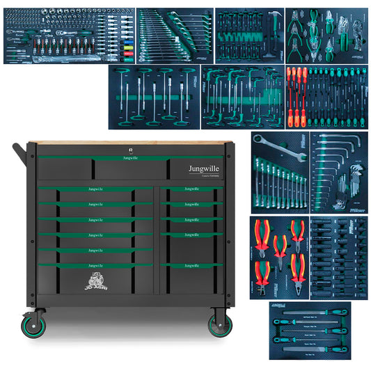 Wózek warsztatowy Jungwille JD-AGRI 12/12 z wyposażeniem, 365 elementów, profesjonalna szafa narzędziowa