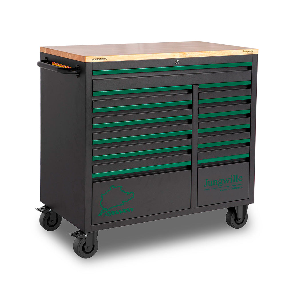 Mobilna szafka warsztatowa Jungwille Nürburgring z 13 szufladami, czarna z zielonymi akcentami i drewnianym blatem