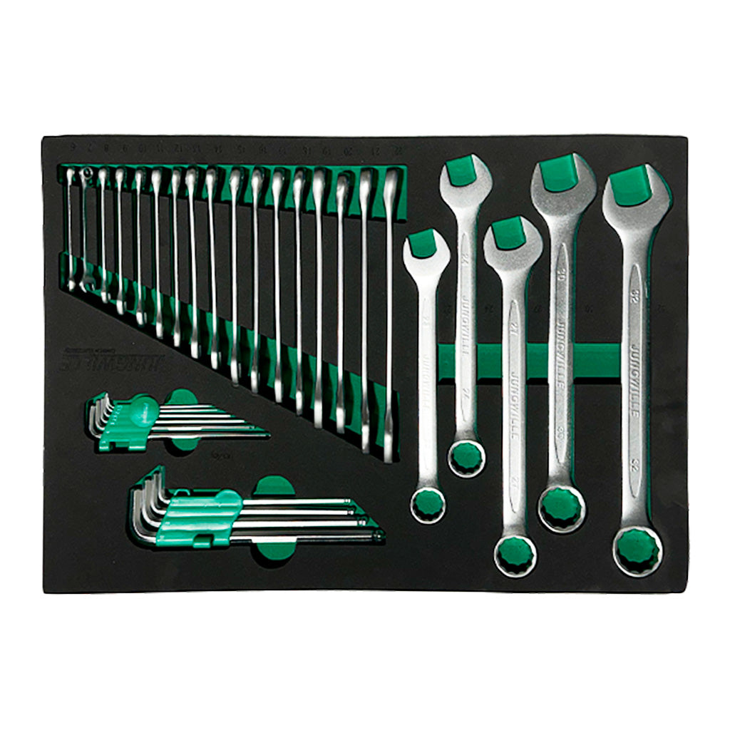 Zestaw kluczy płasko-oczkowych i imbusowych w organizerze EVA, narzędzia warsztatowe Jungwille