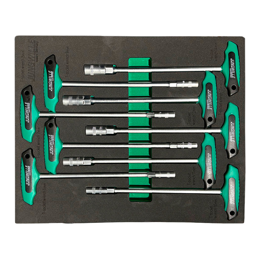 Zestaw kluczy typu T Jungwille z nasadkami w organizerze piankowym