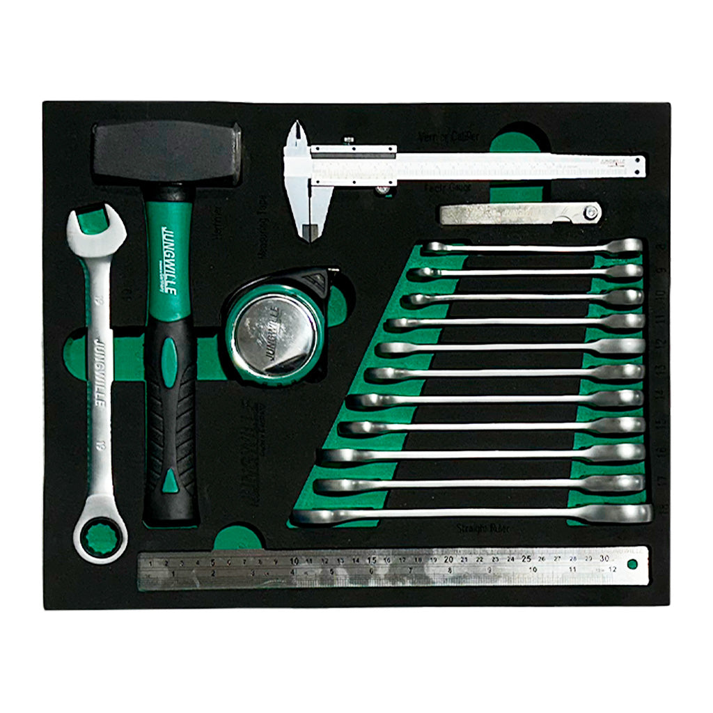 Zestaw narzędzi Jungwille z młotkiem, kluczem, suwmiarką, miarką i kluczami płaskimi w wkładce EVA