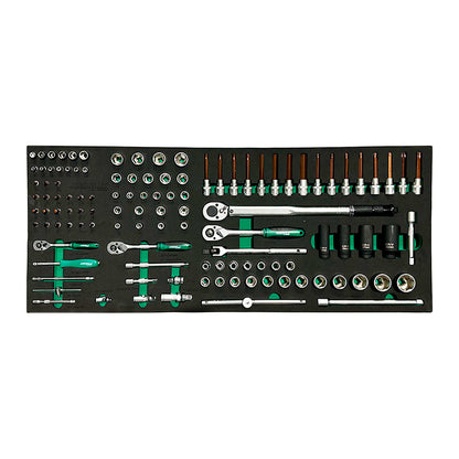 Zestaw nasadek, grzechotek i przedłużek Jungwille na czarnym wypełnionym organizerze