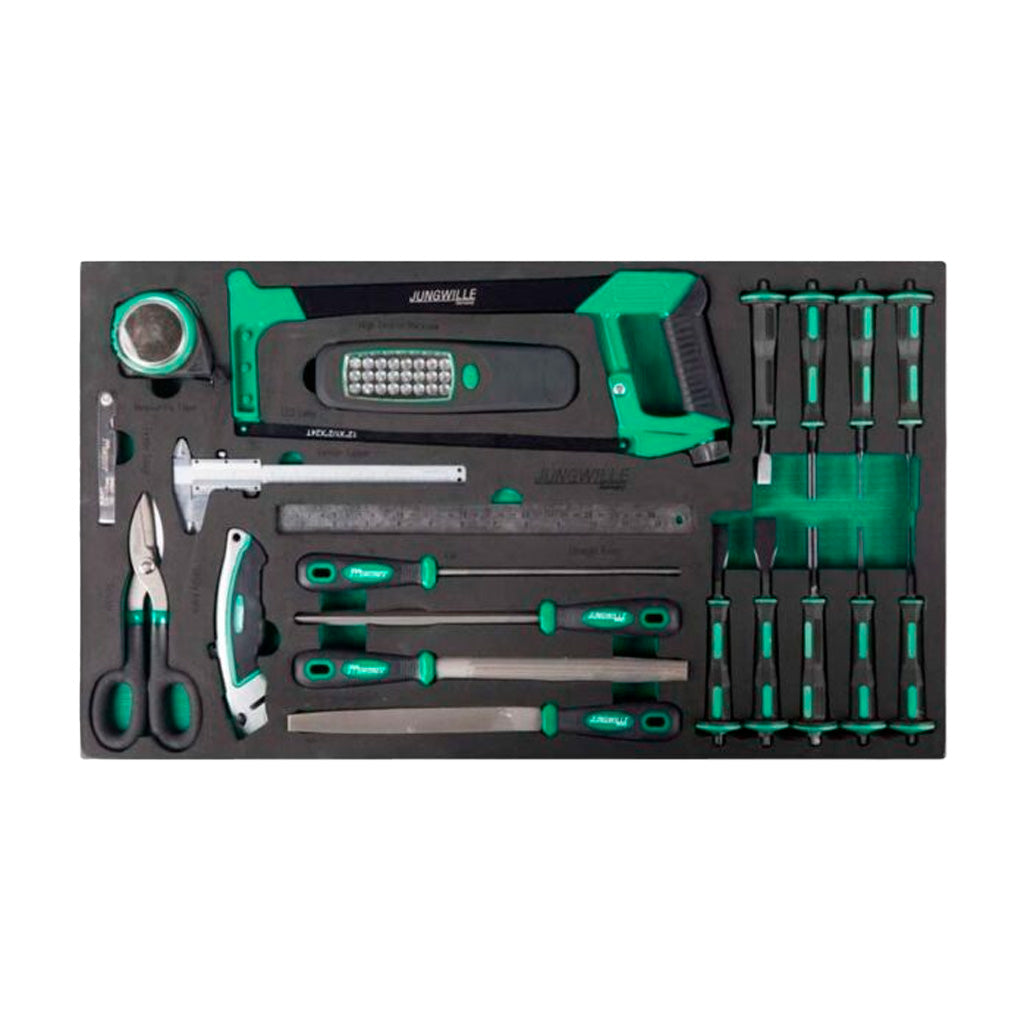Zestaw narzędzi Jungwille w piankowej wkładce, piła, nożyce, śrubokręty, pilniki, suwmiarka