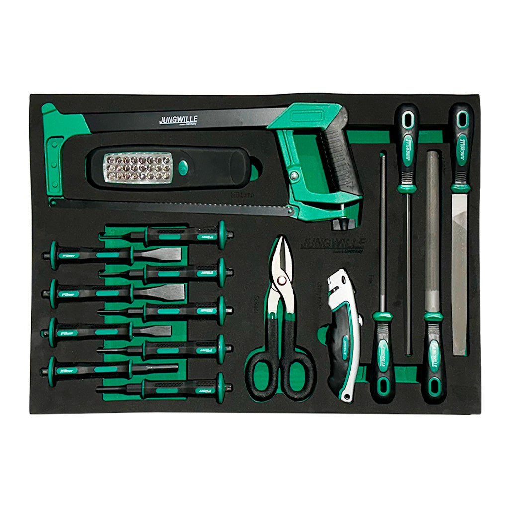 Zestaw narzędzi Jungwille z piłą, pilnikami, nożem, nożyczkami i latarką LED w czarno-zielonym etui