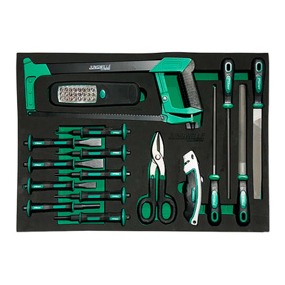 Zestaw narzędzi Jungwille z piłą, pilnikami, nożem, nożyczkami i latarką LED w czarno-zielonym etui